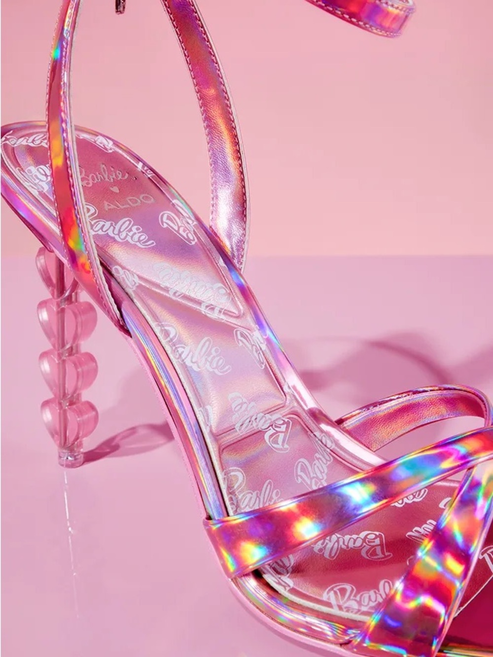 BARBIE x Aldo Pink Holographic Strappy Heel with Heart-Shaped Stacked Heel - Picture 2 of 9